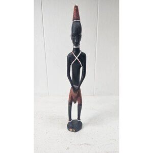 Hand Carved  Wooden Statue or Figure with beads Folk Art Made In Kenya 12" Tall